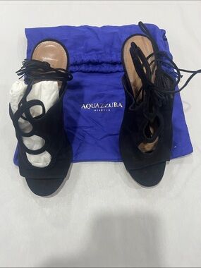 Aquazzura Black Suede Lace-Up Heeled Sandals